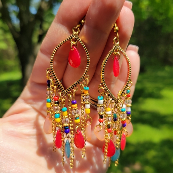 💥LAST ONE💥Multicolor Beaded Gold Tone Chain Dangle Boho Earrings - Picture 6 of 6